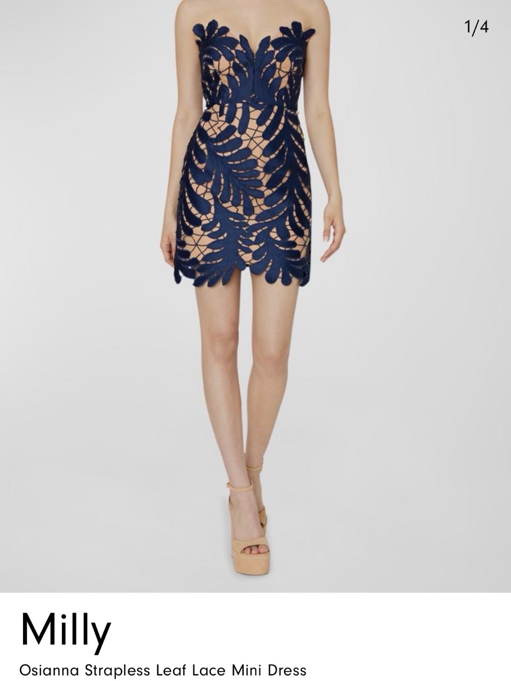 Milly Osianna Navy Leaf Lace Strapless Mini Dress